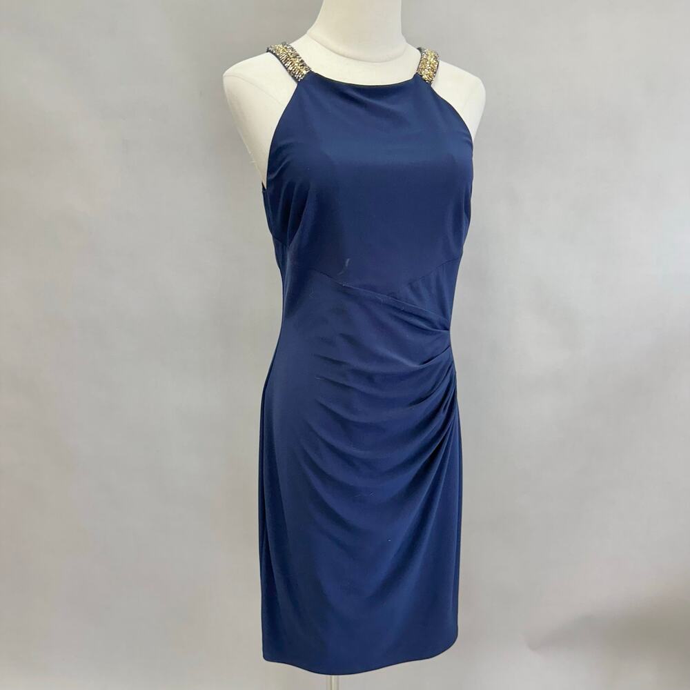 LRL Ralph Lauren Evening Navy Ruched Beaded‎ Sheath Dress Size 8 - Picture 2 of 14